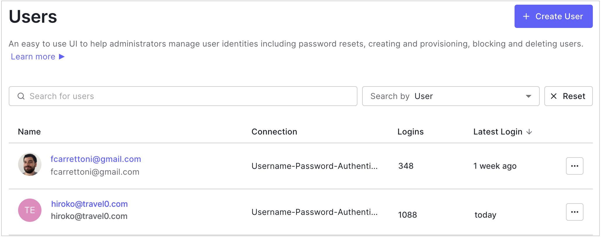 Auth0 Dashboard List of Users