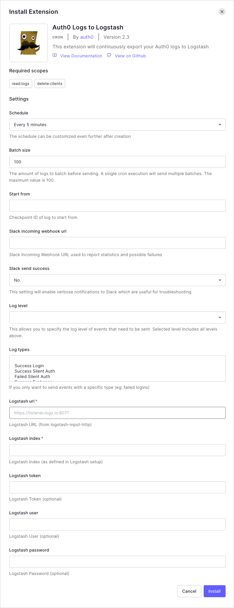 Dashboard - Extensions - Logstash - Extension Mgmt Logstash