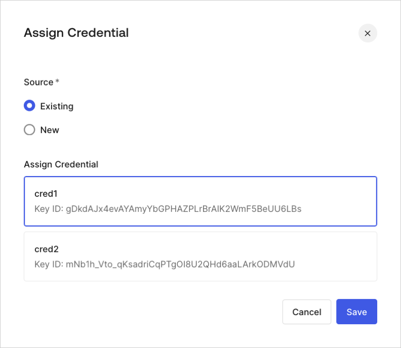 Dashboard > Application > Settings > Assign Existing Credentials