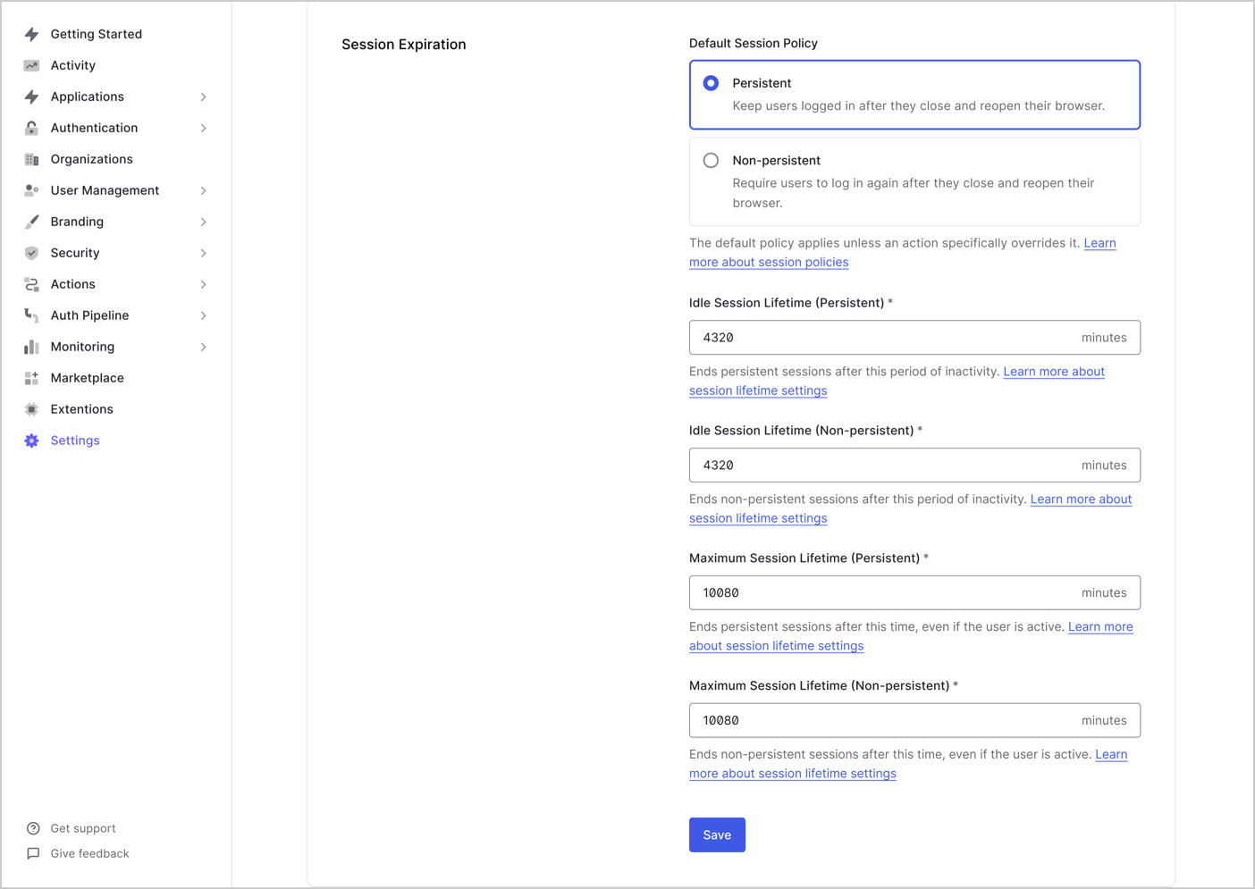 Dashboard > Settings > Session Expiration