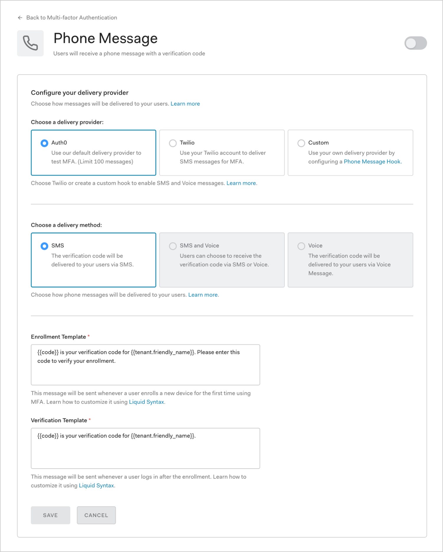 Dashboard - Security - Multifactor Auth - Phone Message - Templates