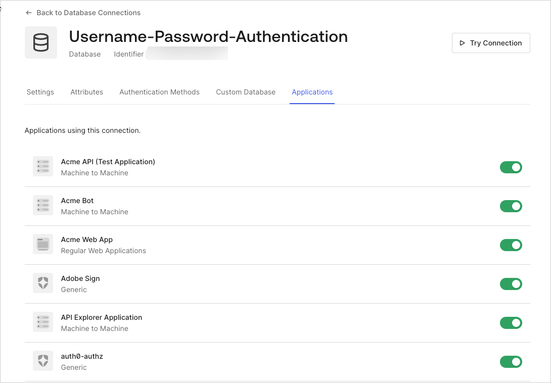 Dashboard - Connections - Database - Edit -  View Applications