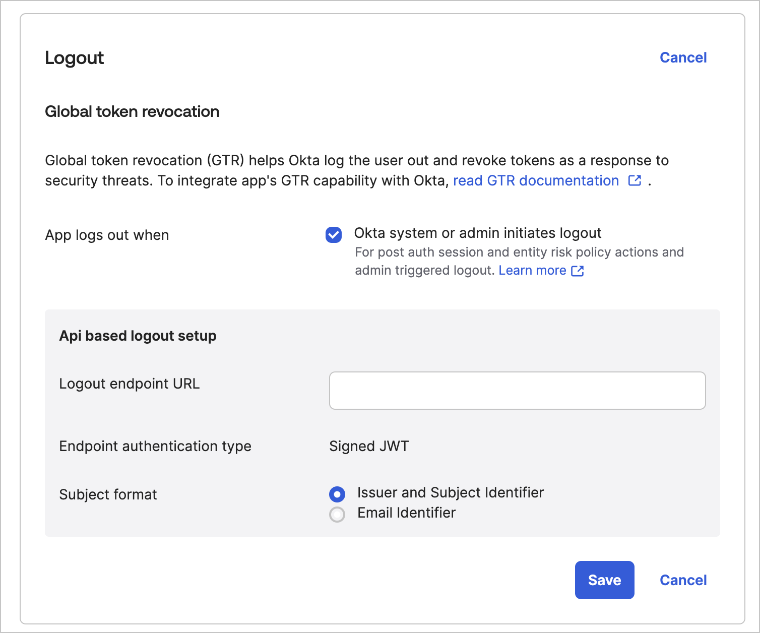 Okta Dashboard image for Universal Logout configuration