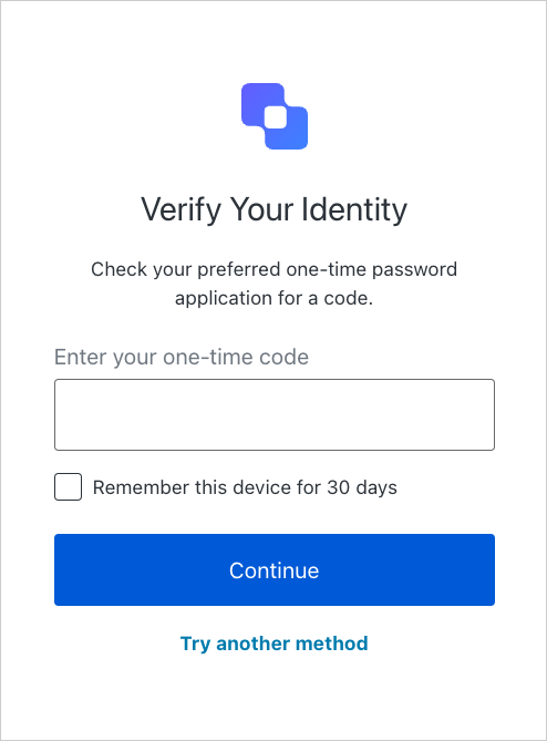 The Verify Your Identity screen prompting the user for a one-time code