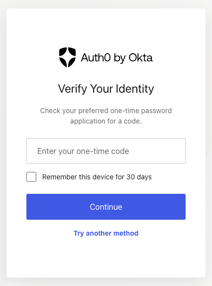 The Verify Your Identity screen prompting the user for a one-time code