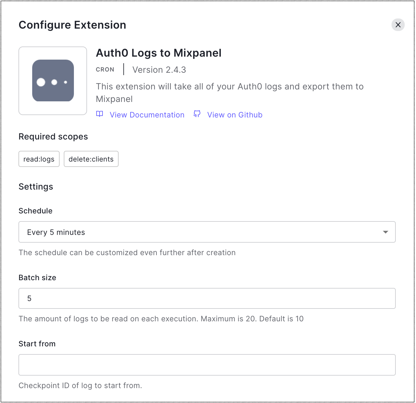 Dashboard Extensions Export Logs Extension Settings Tab