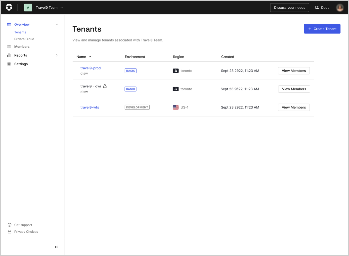 Teams Tenant List for Private Cloud, overview menu dropdown