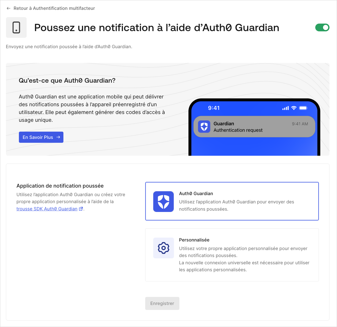 Auth0 Dashboard > Security > Multi-factor Auth > Push Notification using Auth0 Guardian