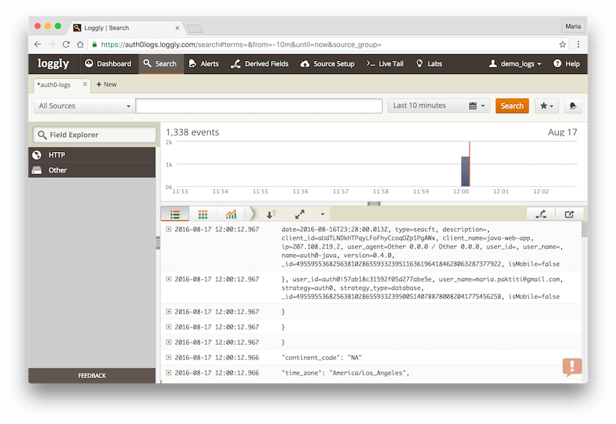 Dashboard - Extensions - Loggly - Auth0 Logs at Loggly