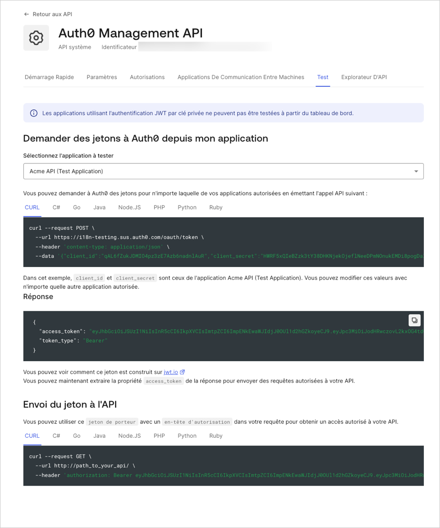 Dashboard (Tableau de bord) - Applications - API - Test Tab (Onglet de test)