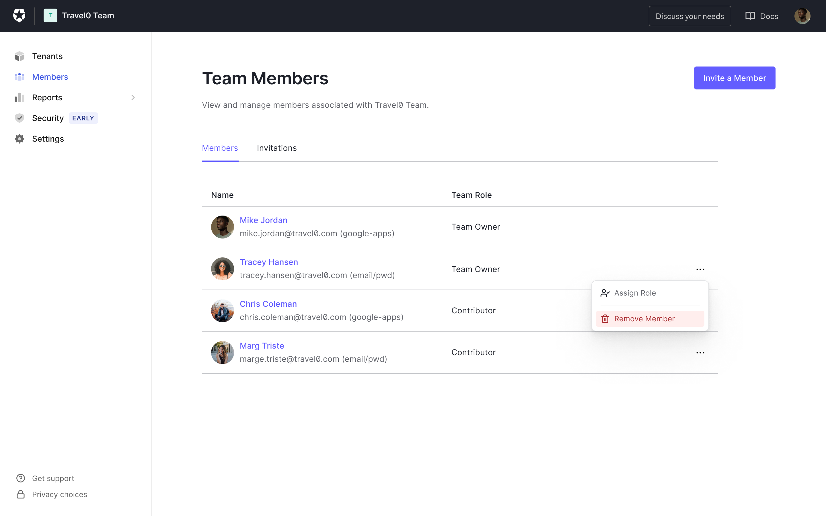 Screen in the Auth0 dashboard in which a team member can be deleted. 