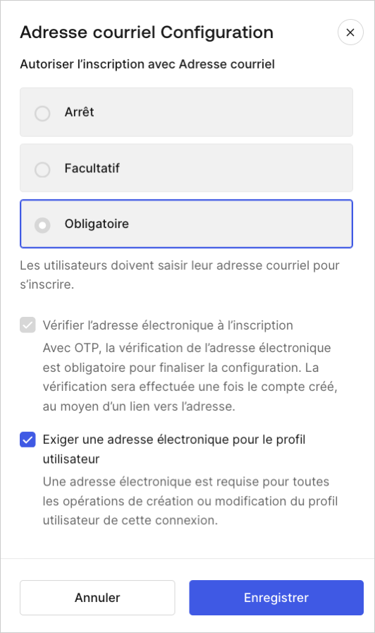 Auth0 Dashboard (Tableau de bord Auth0) > Authentication (Authentification) > Database Connections (Connexions à la base de données) > Authentication Methods (Méthodes d’authentification)