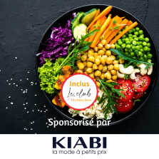 photo carrée assiette avec légumes, le club by mama bears et logo kiabi, fond gris foncé