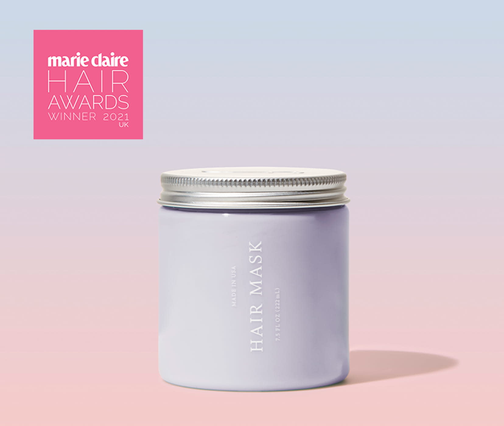 Customized hair mask in blue color, with Marie Claire award winner badge. 
