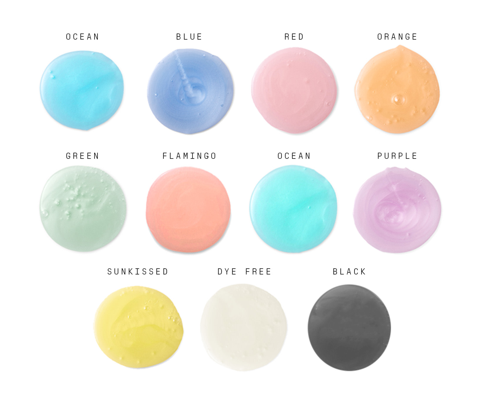 A color palette showing each customized shampoo color. Ocean, Blue, Red, Orange, Green, Flamingo, Ocean, Purple, Sunkissed, Dye-Free and Black. 