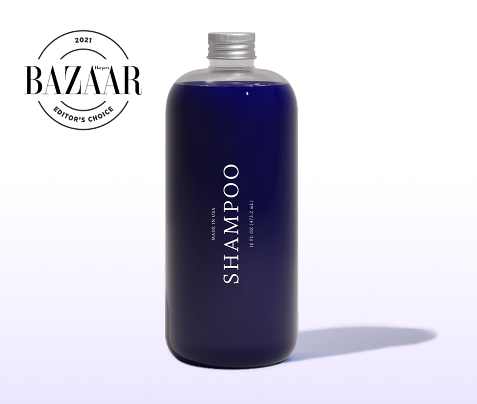 Customized Purple Shampoo shown with Harpers Bazaar Editor's Choice award badge. 