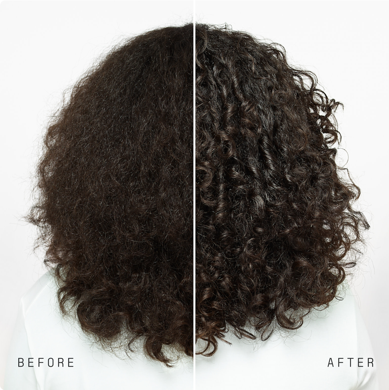 Comparison of curly hair before and after using Function of Beauty shampoo