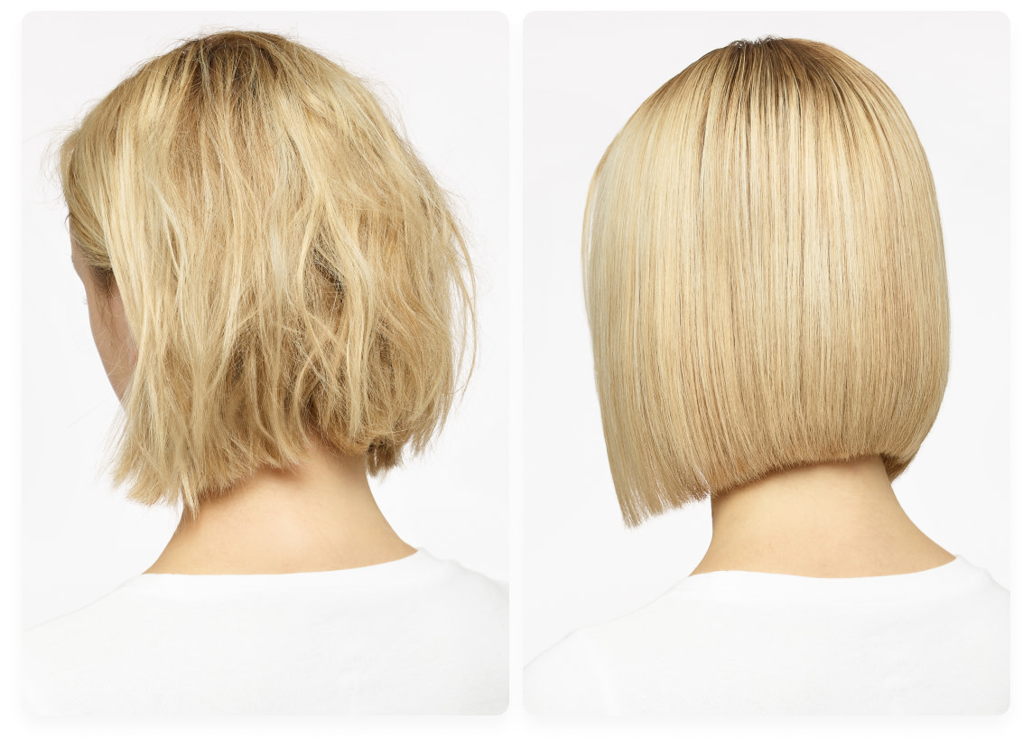 Image of straight hair before and after using the styling primer