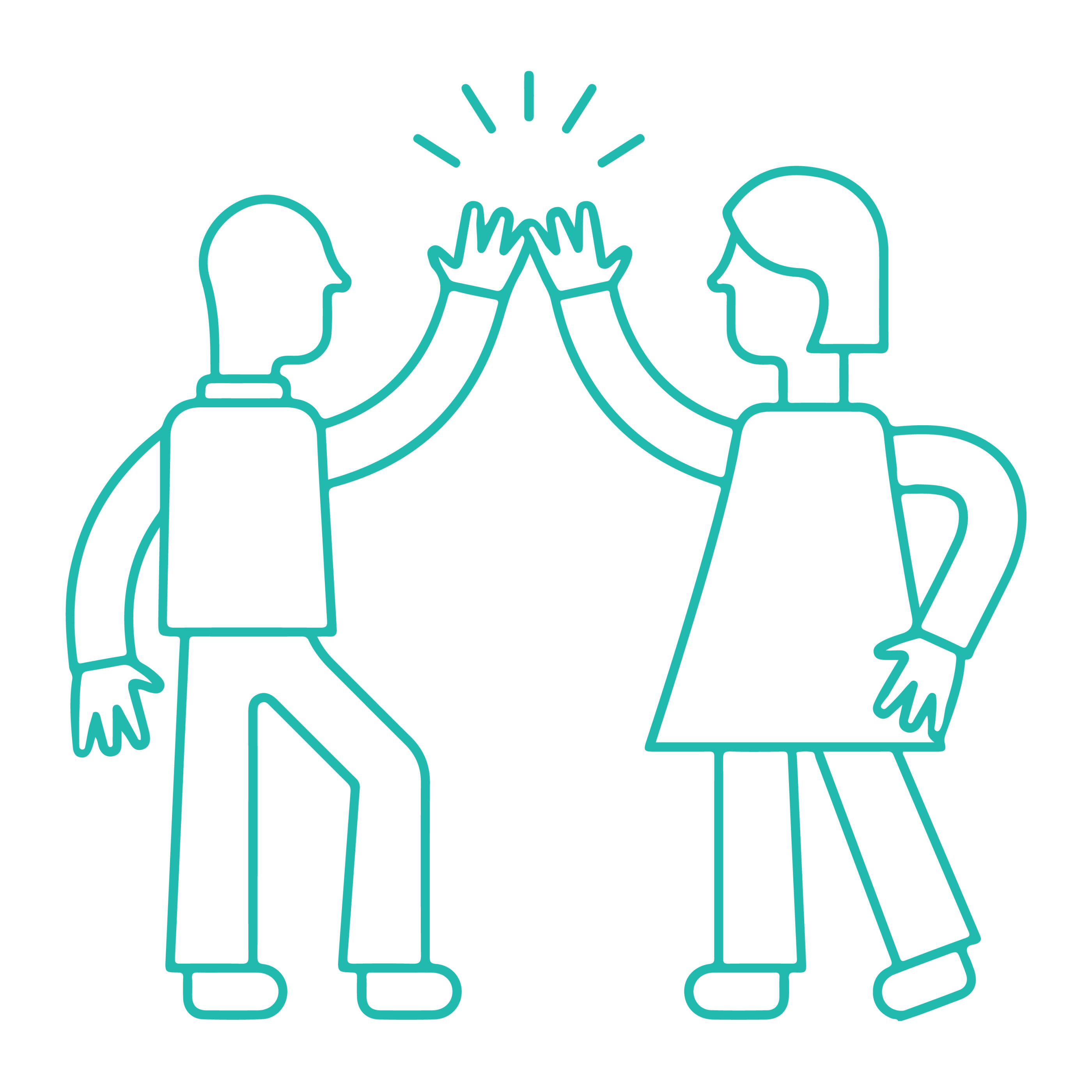 Hernan Lopez Family Foundation: Turquoise illustration of a man and woman high fiving.
