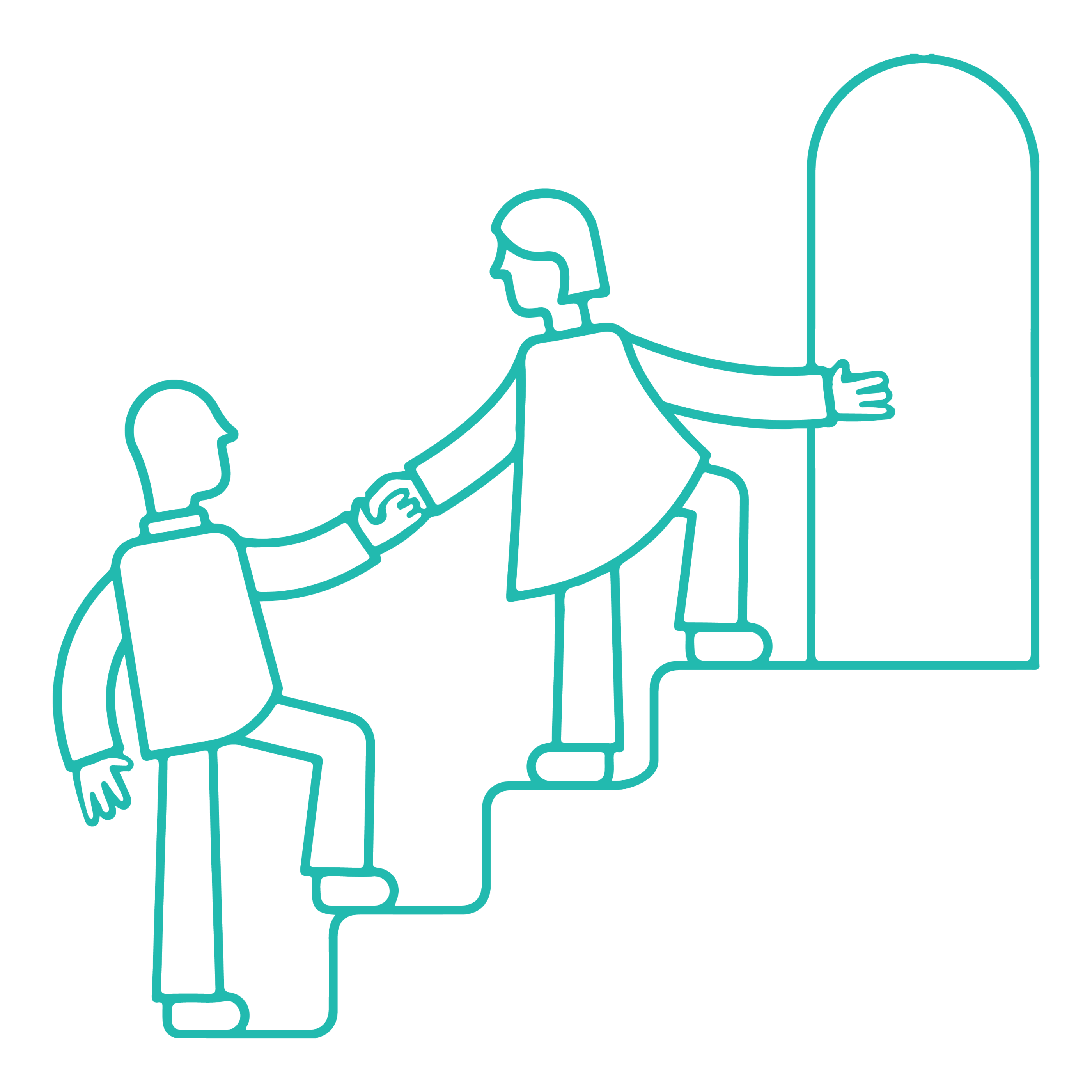 Hernan Lopez Family Foundation: Turquoise illustration of a mentor leading a mentee up a staircase.