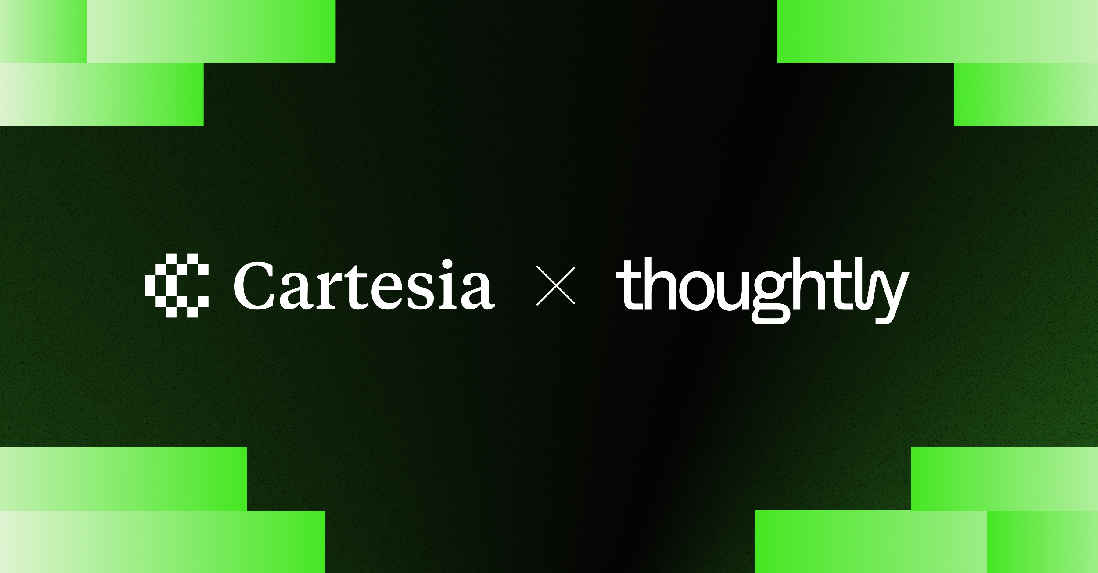 Cartesia and Thoughtly partnership announcement graphic featuring the Cartesia × Thoughtly logos on a green and black gradient background.