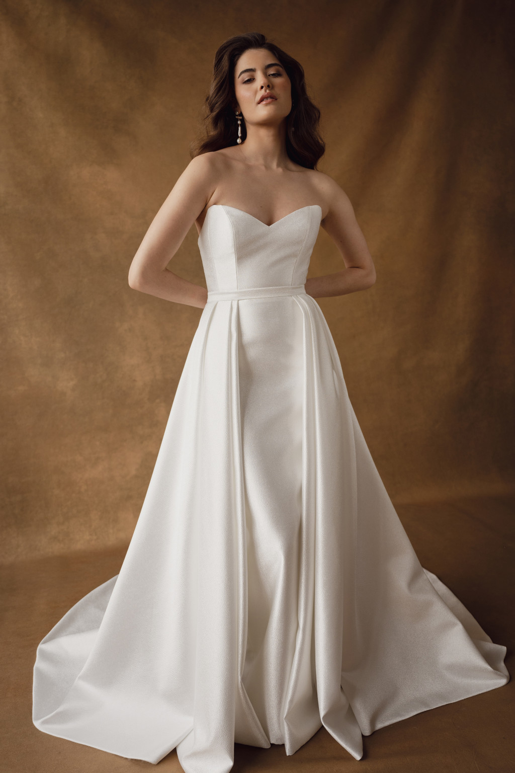 DRAPED SATIN GOWN WITH OVERSKIRT WITH APPLIQUE CORSET WEDDING
