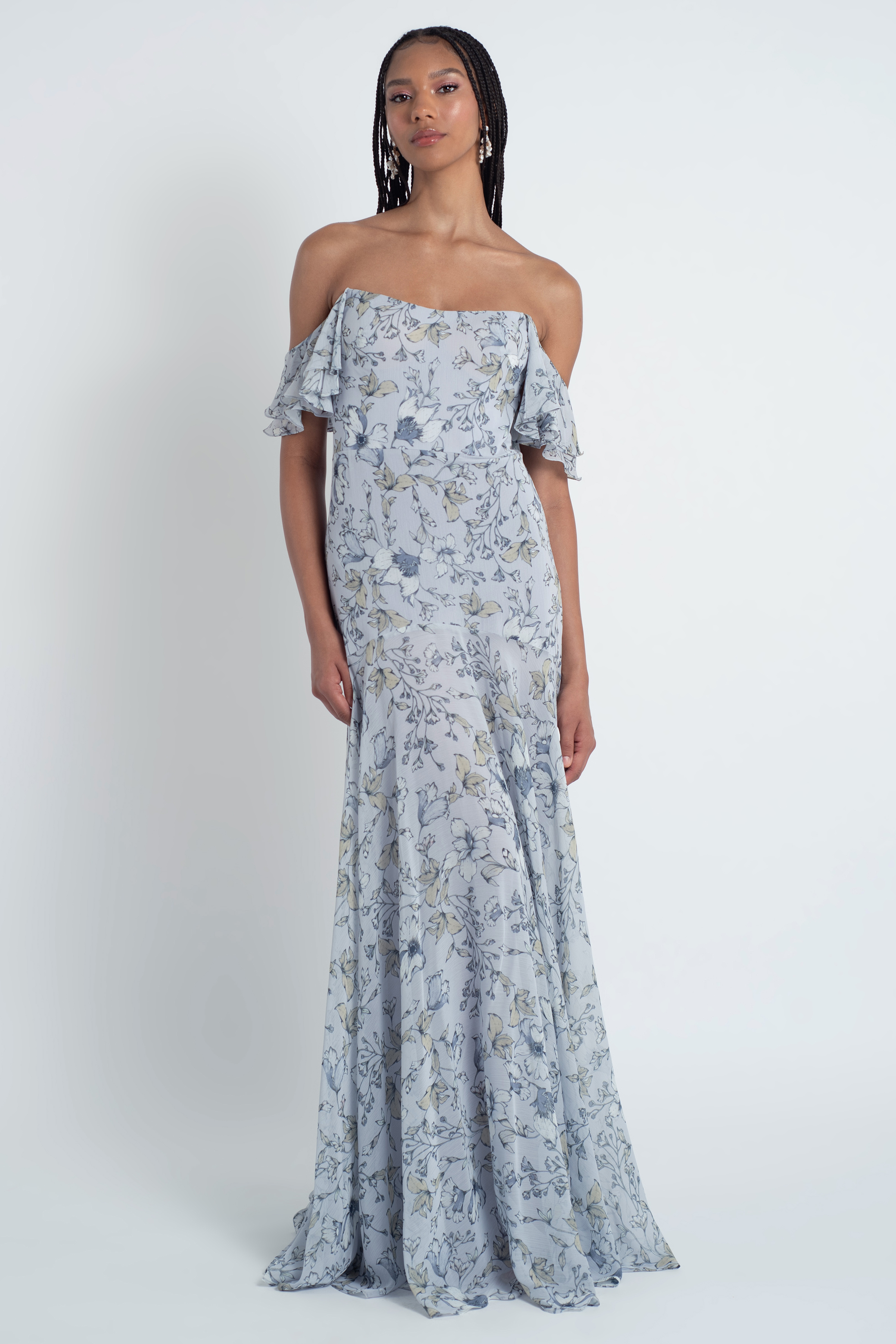 One-shoulder Floral Satin Bridesmaid Dress With Draped Front Slit