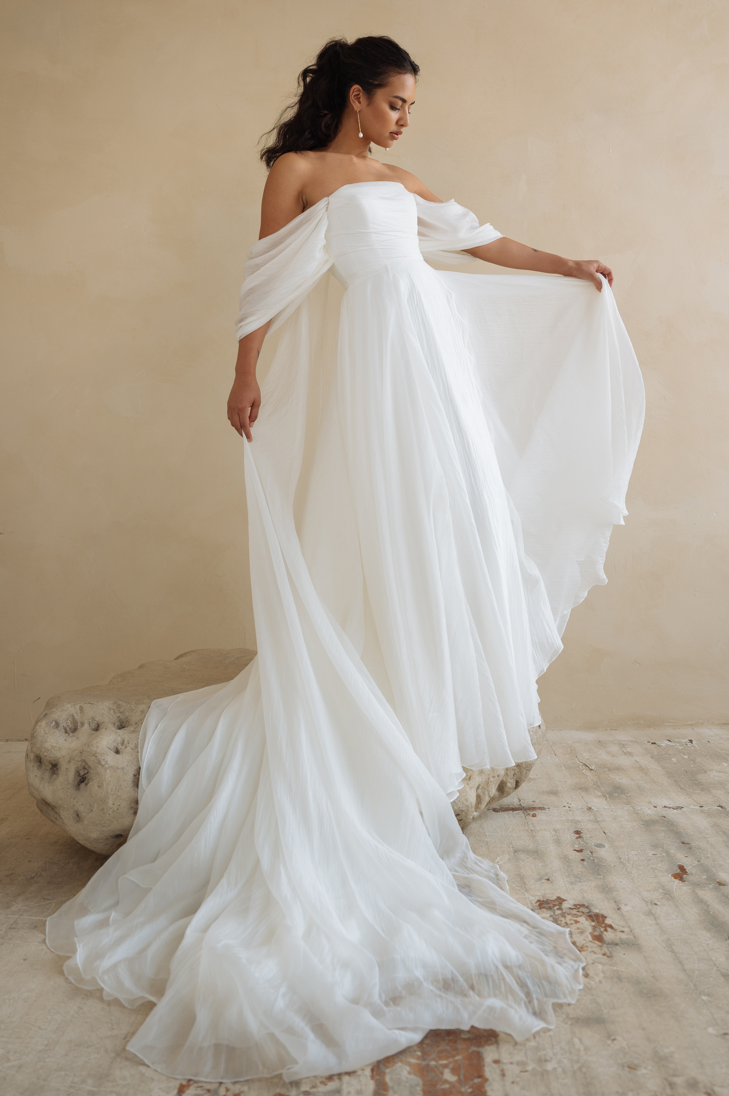 Romantic A-line Wedding Dress With Off The Shoulder Sleeves