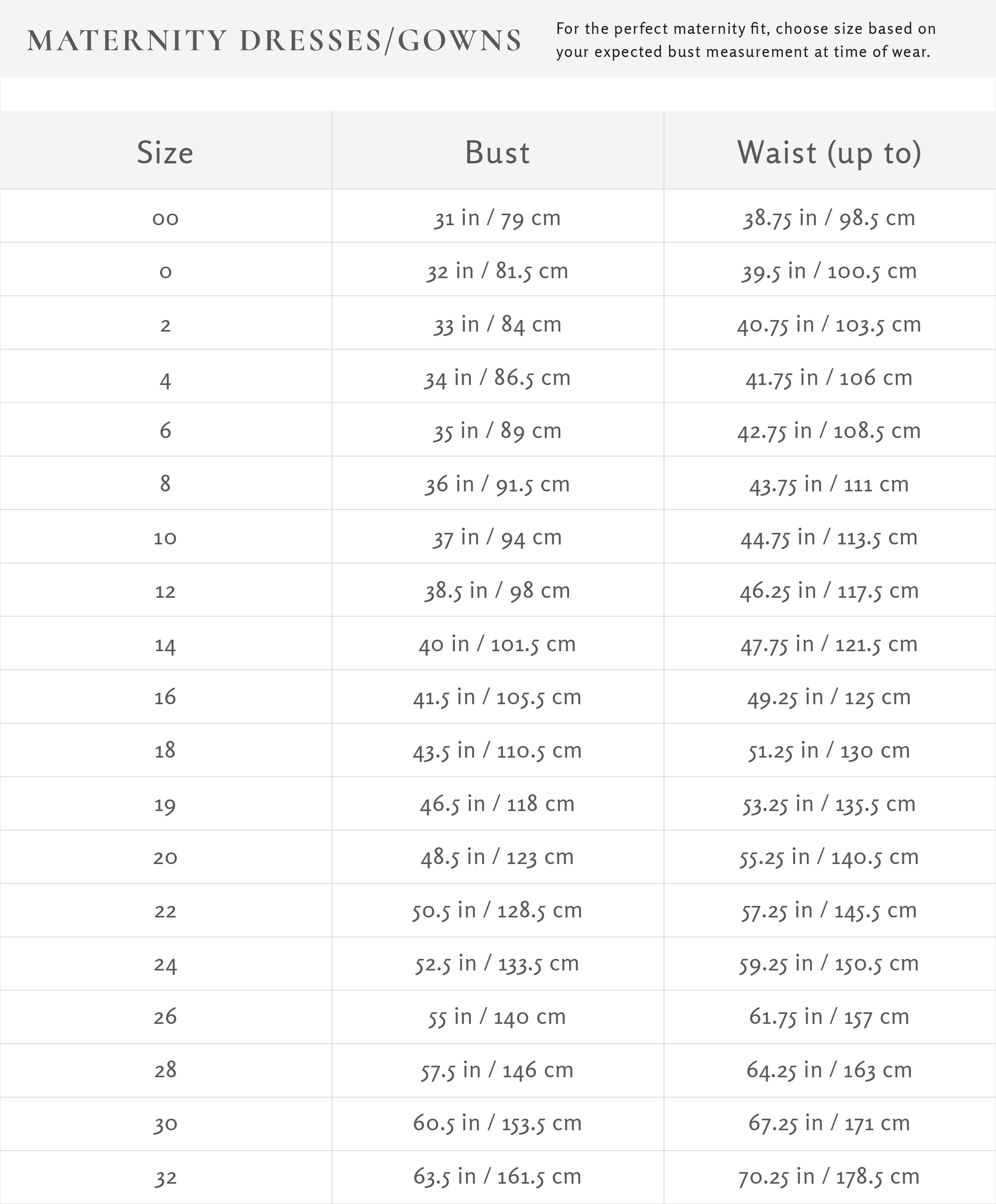 Yoo Bridesmaid Size Chart