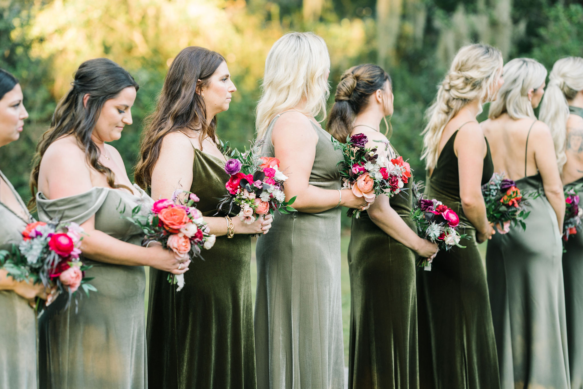 Jenny Yoo Olive Green Satin Velvet Bridesmaid Dresses