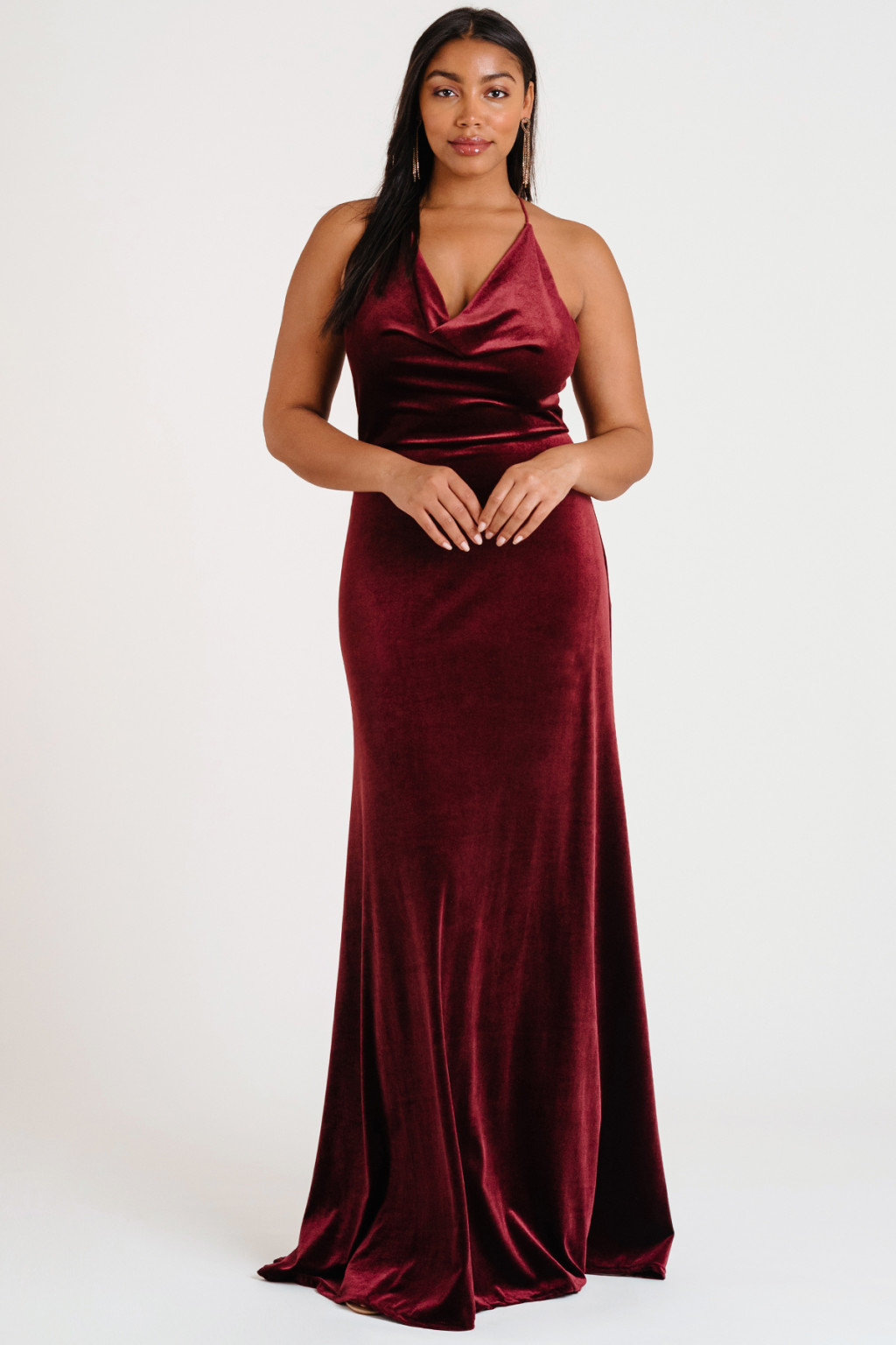 Jenny_Yoo_Bridesmaids_Dress_Sullivan_Cowl_Neck_Velvet_dark_berry_red_burgundy_curve_front