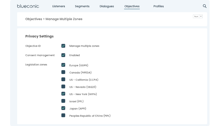 Screenshot of BlueConic Profile Objectives Settings