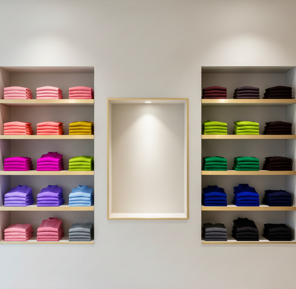 Color-sorted sweaters on retail shelves with a noticeable empty gap, visually illustrating the space between retailers’ belief they can deliver real-time relevance and the reality that fewer than half can respond to high-intent signals instantly in 2026.