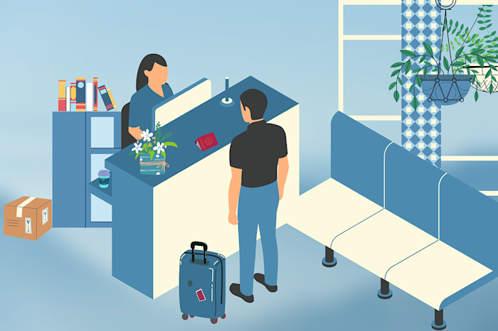 illustration image of a traveler and receptionist