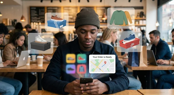 An image of a real person looking at their phone, with the screen reflecting product suggestions and delivery info—showing that micro-moment where ecommerce personalization trends kick in.
