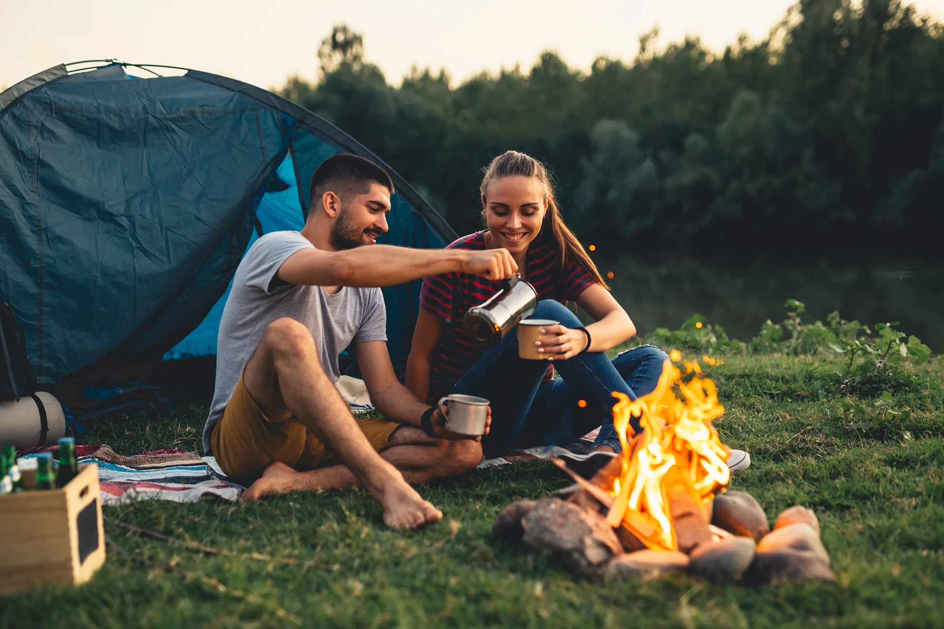 Camping Couple Fire