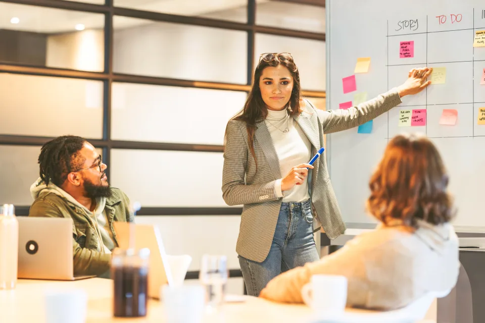 B2B Konkrete Zielsetzung - Team sammelt Ideen an einem Board mit Notizzettel