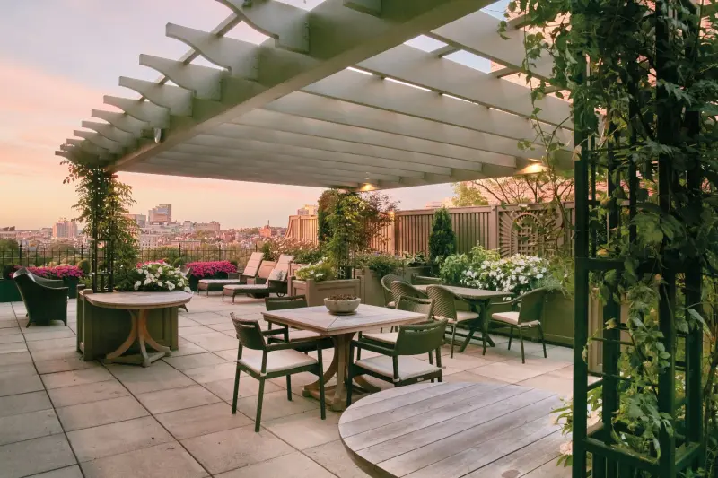Rooftop pergola with seating area
