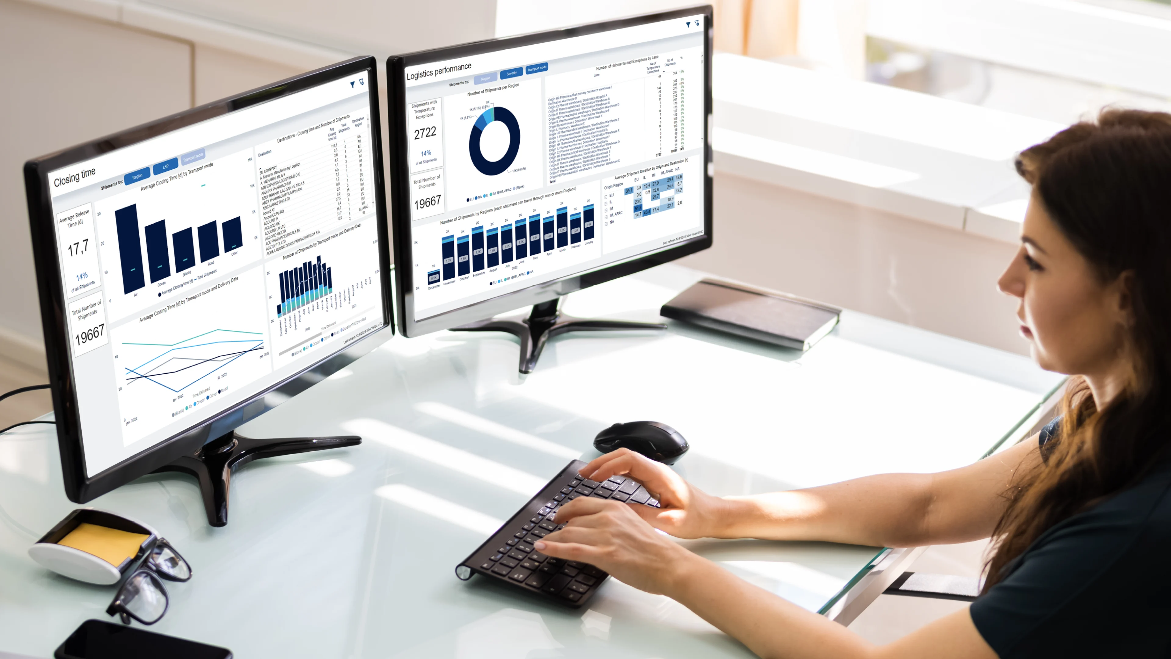 Woman working on a computer and looking at the Controlant platform.