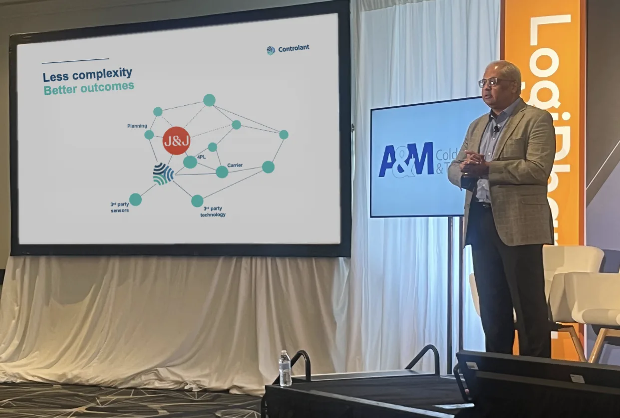 Samir Gami, Senior Director of Advanced Customer Capabilities J&J speaking LogiPharma US. He's on stage presenting on pharma supply chain ecosystem. 