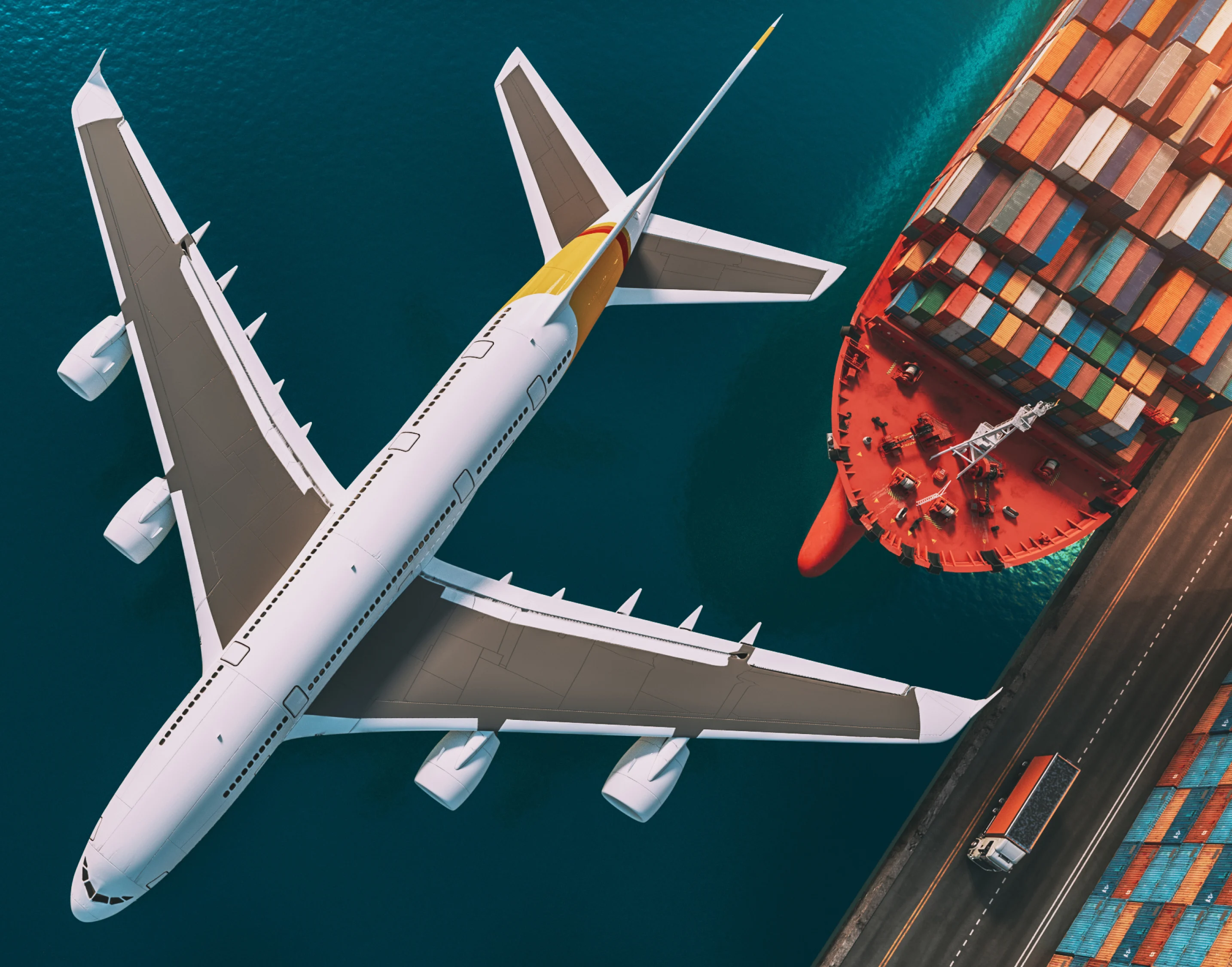 Airplane, truck and container ship