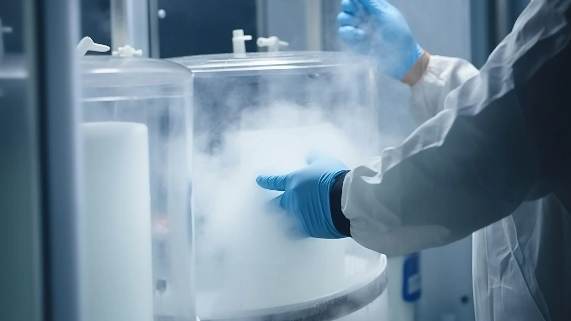 This photo shows a laboratory worker in a lab handling a pharmaceutical product in dry ice.