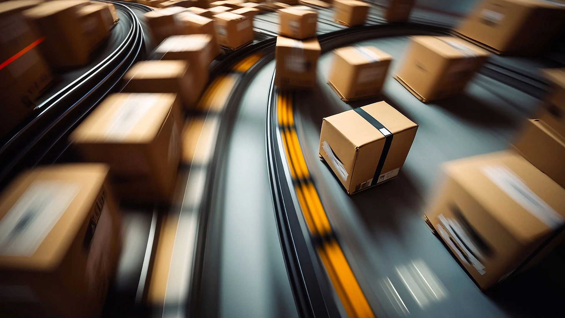 This image depicts multiple cardboard boxes moving swiftly on a curved conveyor belt system. The motion blur effect emphasizes speed and efficiency in the logistics and supply chain process. The scene captures a dynamic warehouse environment, highlighting automated package handling in distribution.