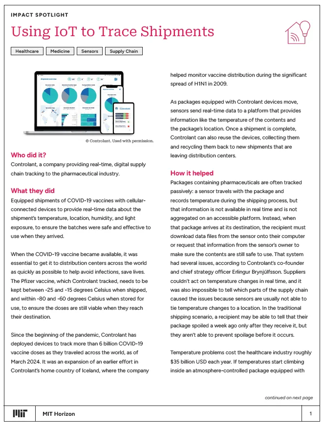 MIT Horizon case study in 2024 with Erlingur Brynjulfsson on using IoT to trace shipments of medicines and vaccines in the pharma supply chain.