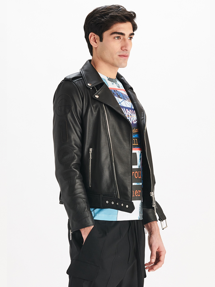 e1972 Men's Black Leather Logo Jacket, Side View