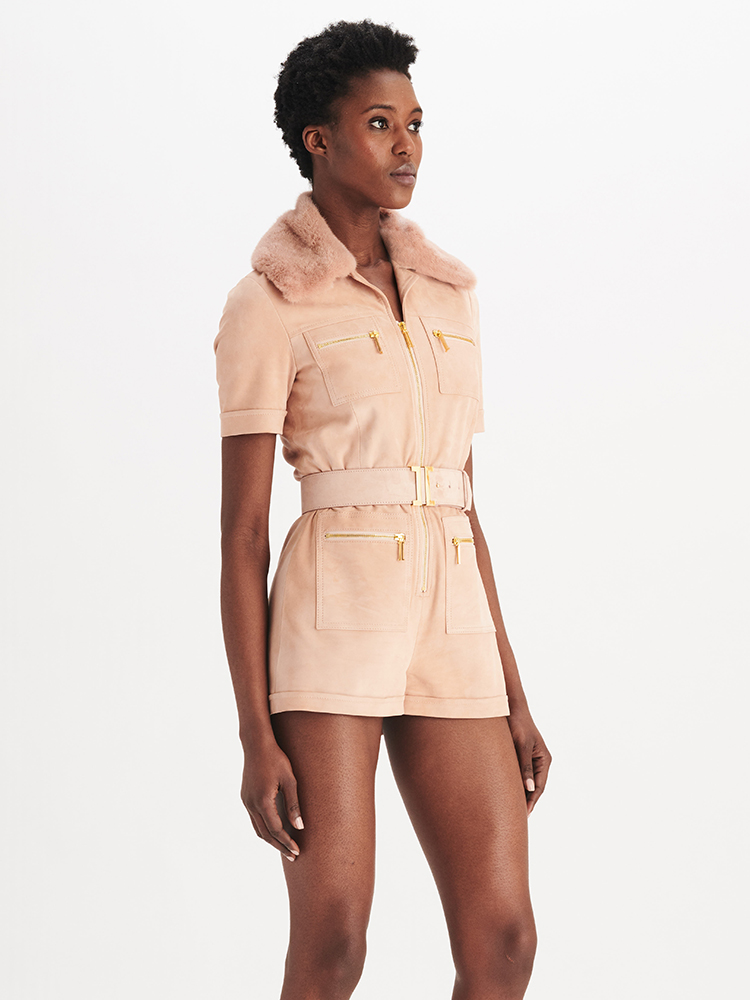 e1972 Bush Suede Romper with Belt, Side View