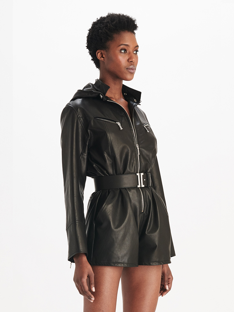 e1972 Black Leather Romper, Side View