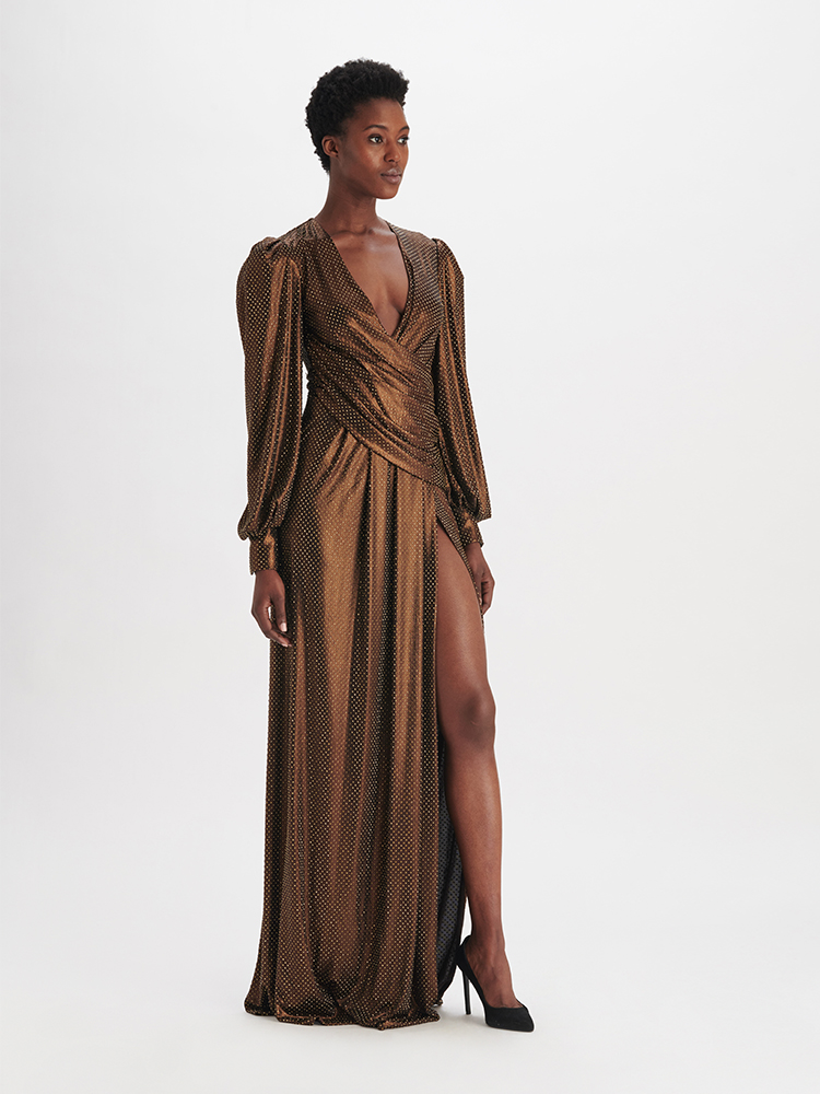 e1972 Swarovski Bronze Wrap Gown, Side View