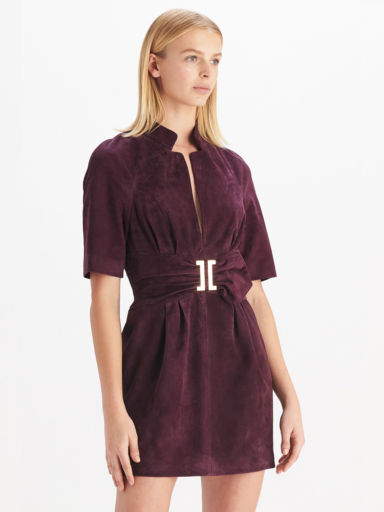 e1972 Aubergine Suede Belted Dress, Side View