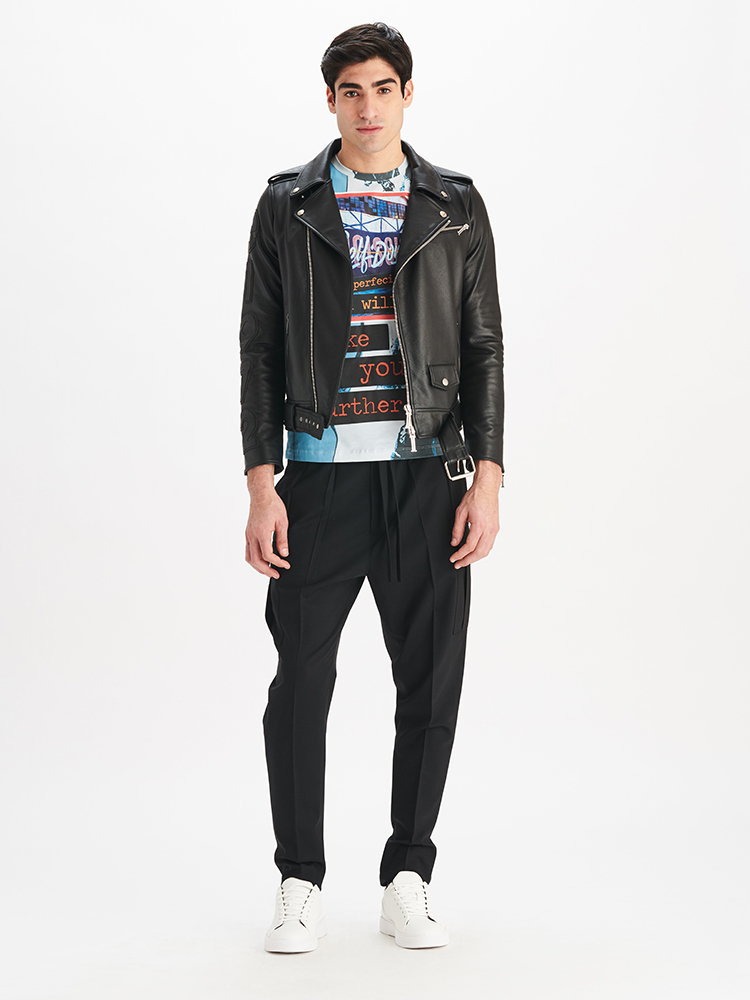 e1972 Men's Black Leather Jacket and Joggers, Full Look